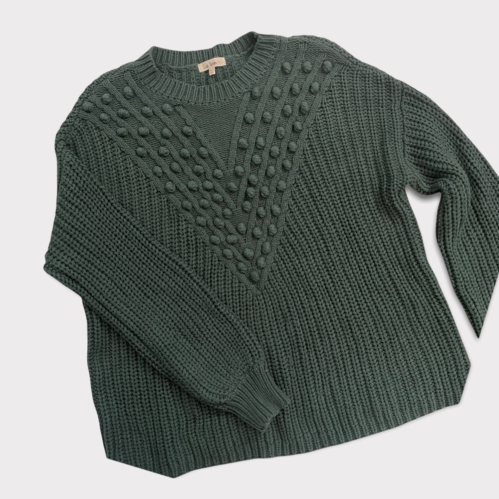 Women's Dark Green Soft Knit Chevron Pom Pom Sweater In Loom Size M/L